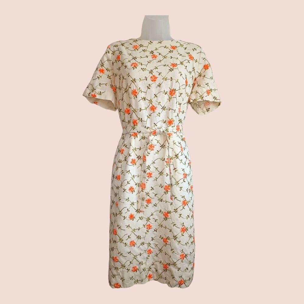Vintage 60s 70s Embroidered Floral Sheath Dress Size M/L